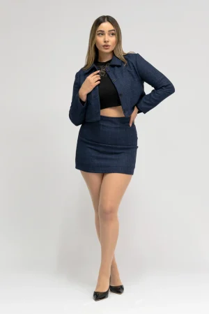 Ensemble Effet Tweed Bleu Marine – Veste et Mini Jupe