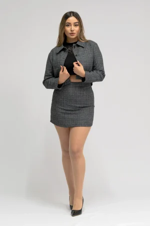 Ensemble Effet Tweed Gris – Veste et Mini Jupe