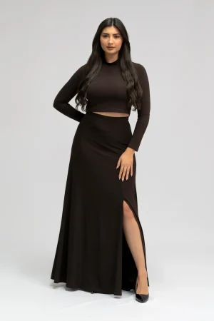 Ensemble Jersey Marron – Top Court et Jupe Longue Fendue