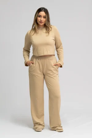 Ensemble Jogging Femme Beige – Sweat Court et Pantalon Large