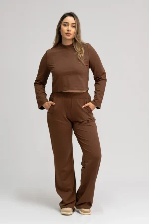 Ensemble Jogging Femme Marron Chocolat – Sweat Court et Pantalon Large