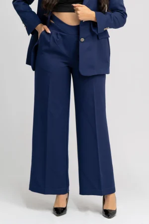 Pantalon bleu marine taille haute croisée