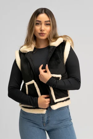 Gilet noir sans manches – finition mouton écru