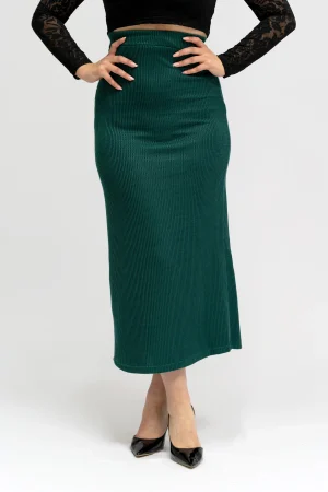 Jupe Longue en Maille Côtelée Vert Sapin