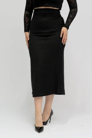 Jupe Longue en Maille Côtelée Noir