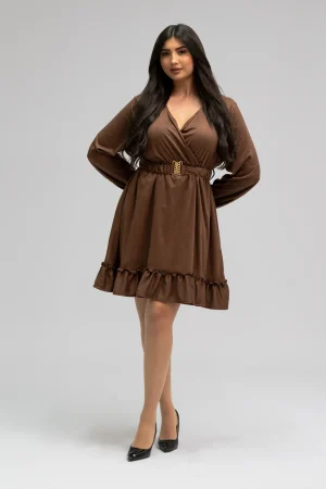 Robe courte Marron à manches longues avec ceinture