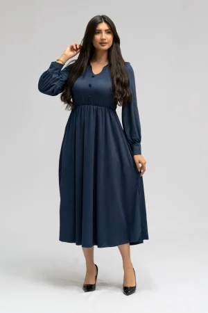 Robe midi bleu à boutons manches longues