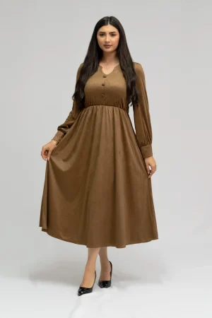 Robe midi marron à boutons manches longues