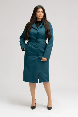 Trench long vert pétrole ceinturé