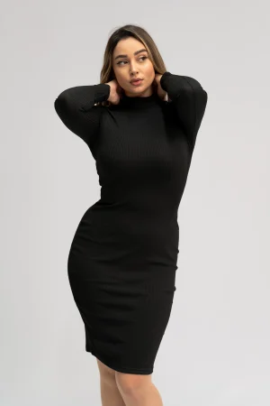 Robe Midi Noir Ajustée à Manches Longues