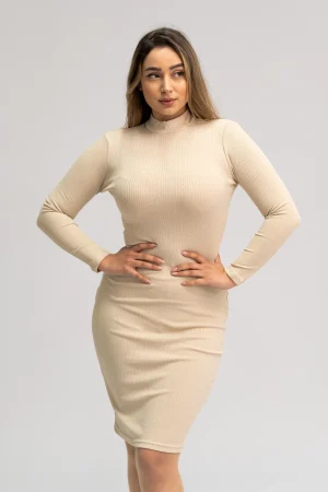 Robe Midi Crème Ajustée à Manches Longues