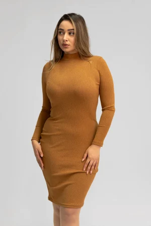Robe Midi Marron Ajustée à Manches Longues